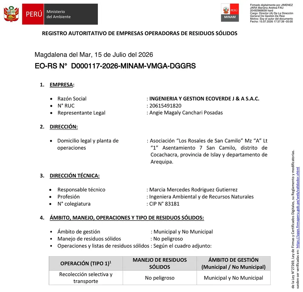 Página 1 de la resolución del MINAM que otorga a INGENIERIA Y GESTION ECOVERDE J & A S.A.C. el registro EO-RS N° D000117-2026-MINAM-VMGA-DGGRS: razón social, RUC, domicilio legal, responsable técnica CIP 83181, ámbito municipal y no municipal, manejo no peligroso y operación de recolección selectiva y transporte.