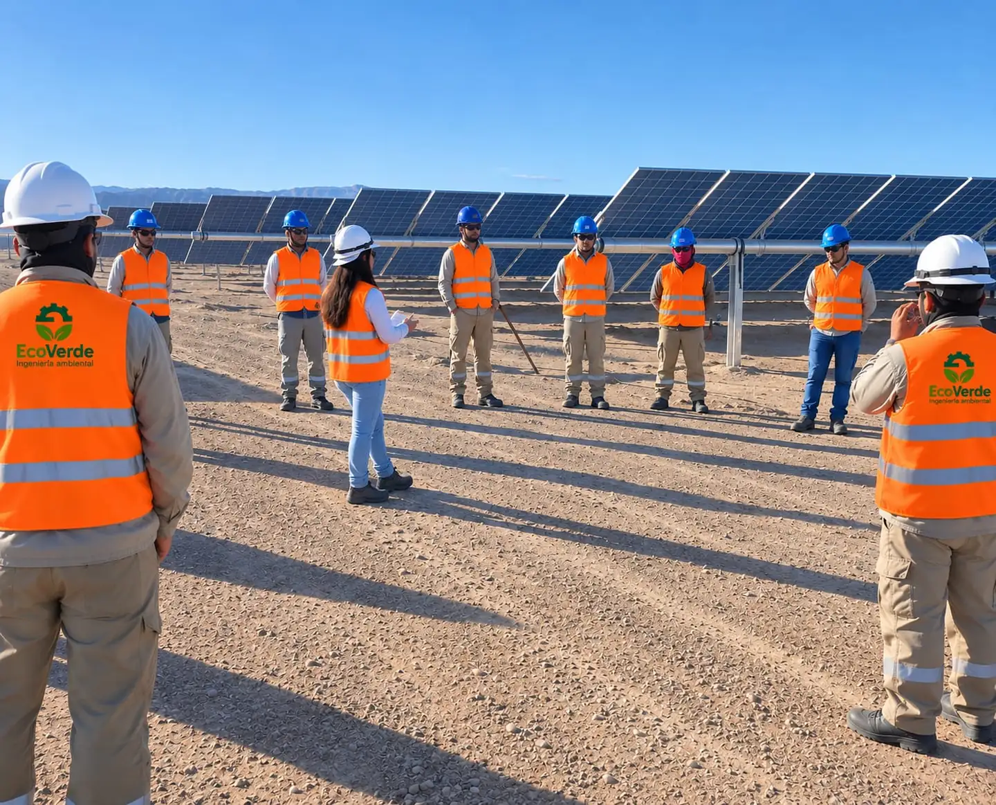 Charla de seguridad del equipo de EcoVerde en una planta solar, con el personal en chaleco reflectivo de la empresa.