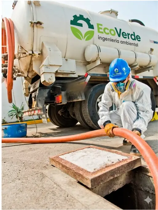 Operario de EcoVerde conectando la manguera de succión de un camión cisterna de la empresa a una cámara séptica.